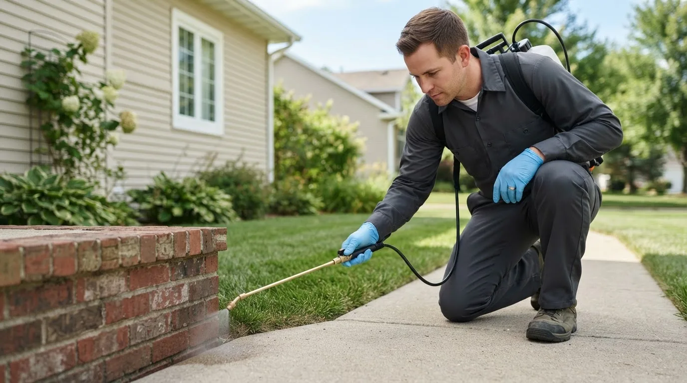 Pest control technician treating a home near Greenville, NH