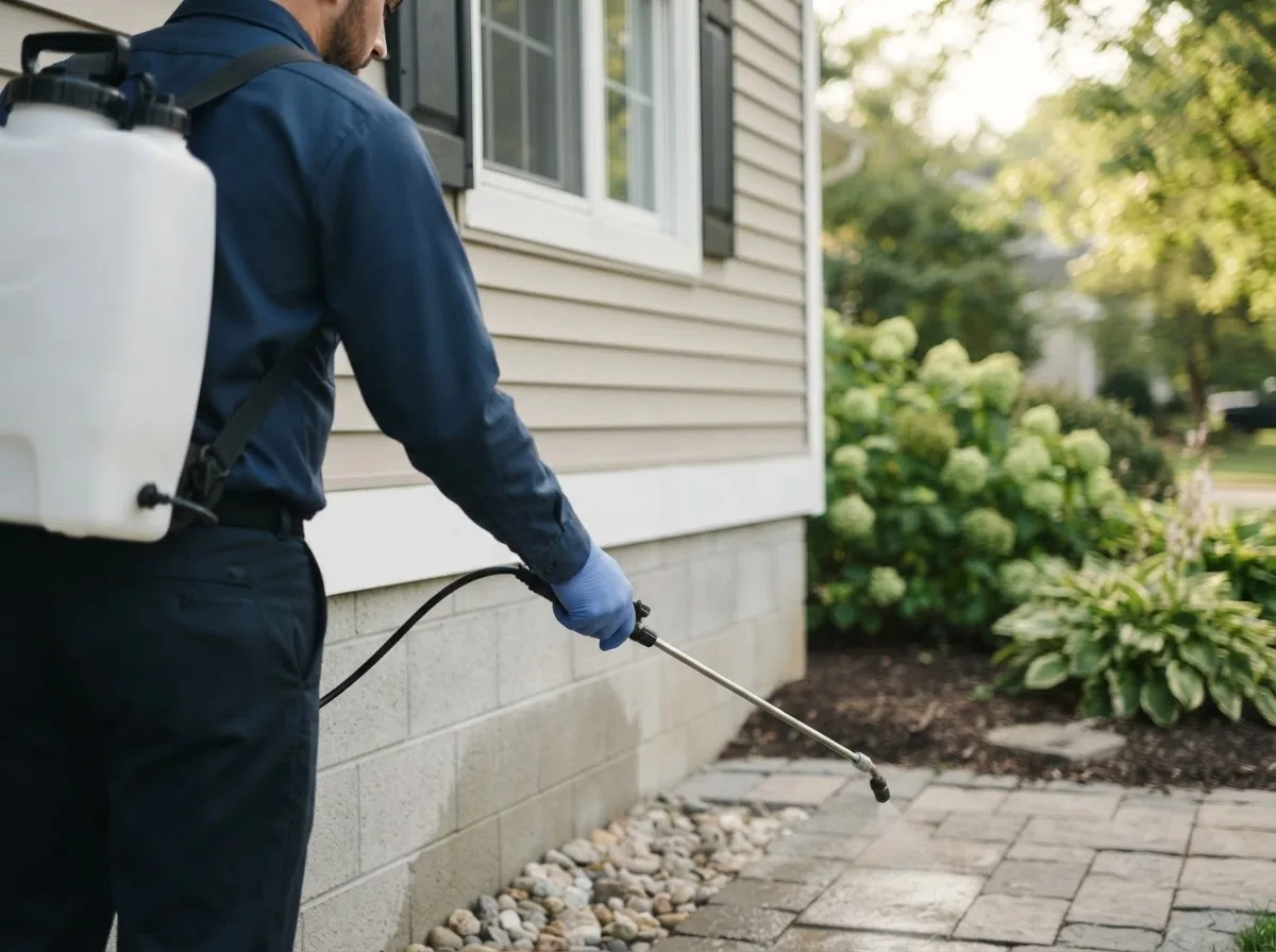 Pest control technician inspecting a home in Greenville, NH